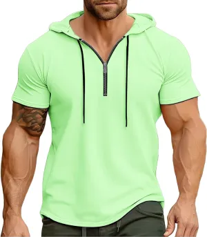 Men's Short Sleeve Hoodies Summer Trendy Zip Up Hooded Pullover Top Slim Fit Performance Moisture Wicking Sport Shirts