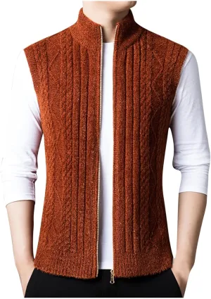 Mens Sweater Vest Chunky Knit Sleeveless Cardigan Sweaters Fashion Full Zipper Sports Vests Stand Collar Waistcoat