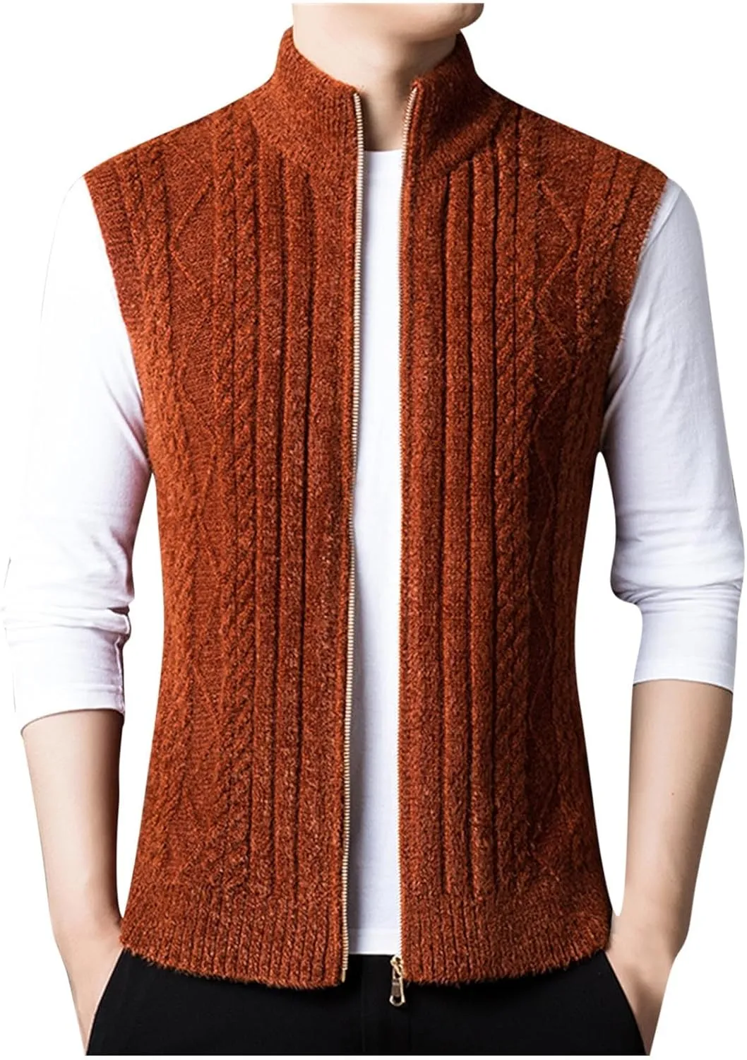Mens Sweater Vest Chunky Knit Sleeveless Cardigan Sweaters Fashion Full Zipper Sports Vests Stand Collar Waistcoat