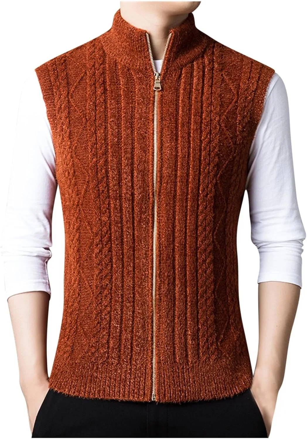 Mens Sweater Vest Chunky Knit Sleeveless Cardigan Sweaters Fashion Full Zipper Sports Vests Stand Collar Waistcoat