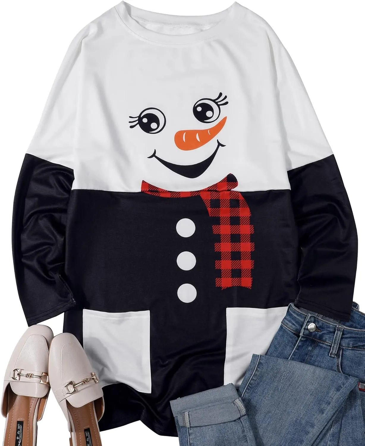 MOUSYA Women Dress Shirt Christmas Long Sleeve Tops Santa Printed Pullover Loose Plus Size T-Shirt Blouse with Pockets