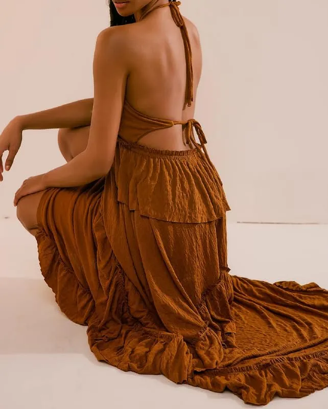 NUFIWI Sexy V Neck Backless Asymmetrical Ruffle Maxi Dress Halter Neck Sleeveless Long Dress Cutout Flowy Tiered Sundresses