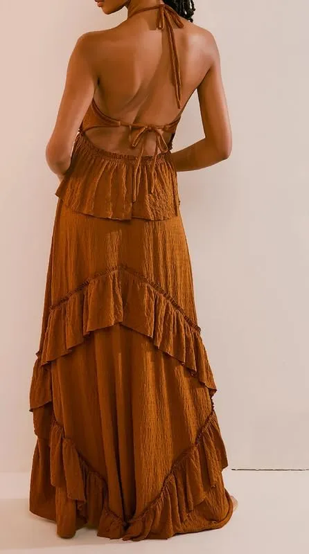 NUFIWI Sexy V Neck Backless Asymmetrical Ruffle Maxi Dress Halter Neck Sleeveless Long Dress Cutout Flowy Tiered Sundresses