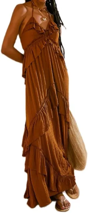 NUFIWI Sexy V Neck Backless Asymmetrical Ruffle Maxi Dress Halter Neck Sleeveless Long Dress Cutout Flowy Tiered Sundresses