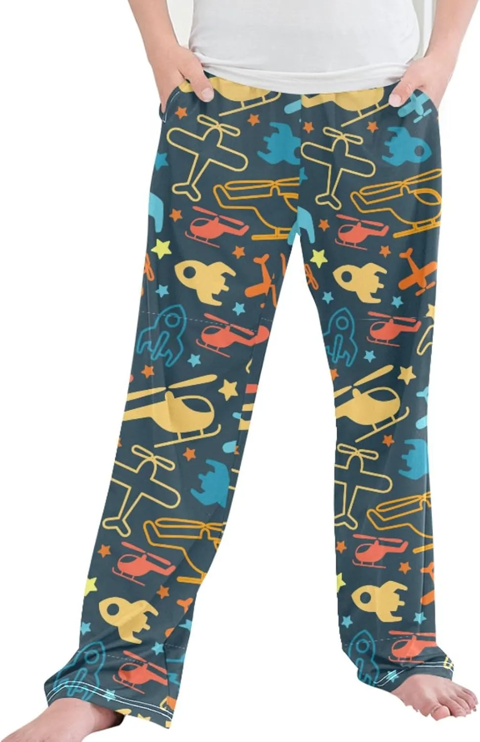 Pigsaly Boys' Pants Bright Colorful Helicopter Long Bottoms Blue Rocket Stars Jogger Pants Elastic Waist Trousers Pockets S