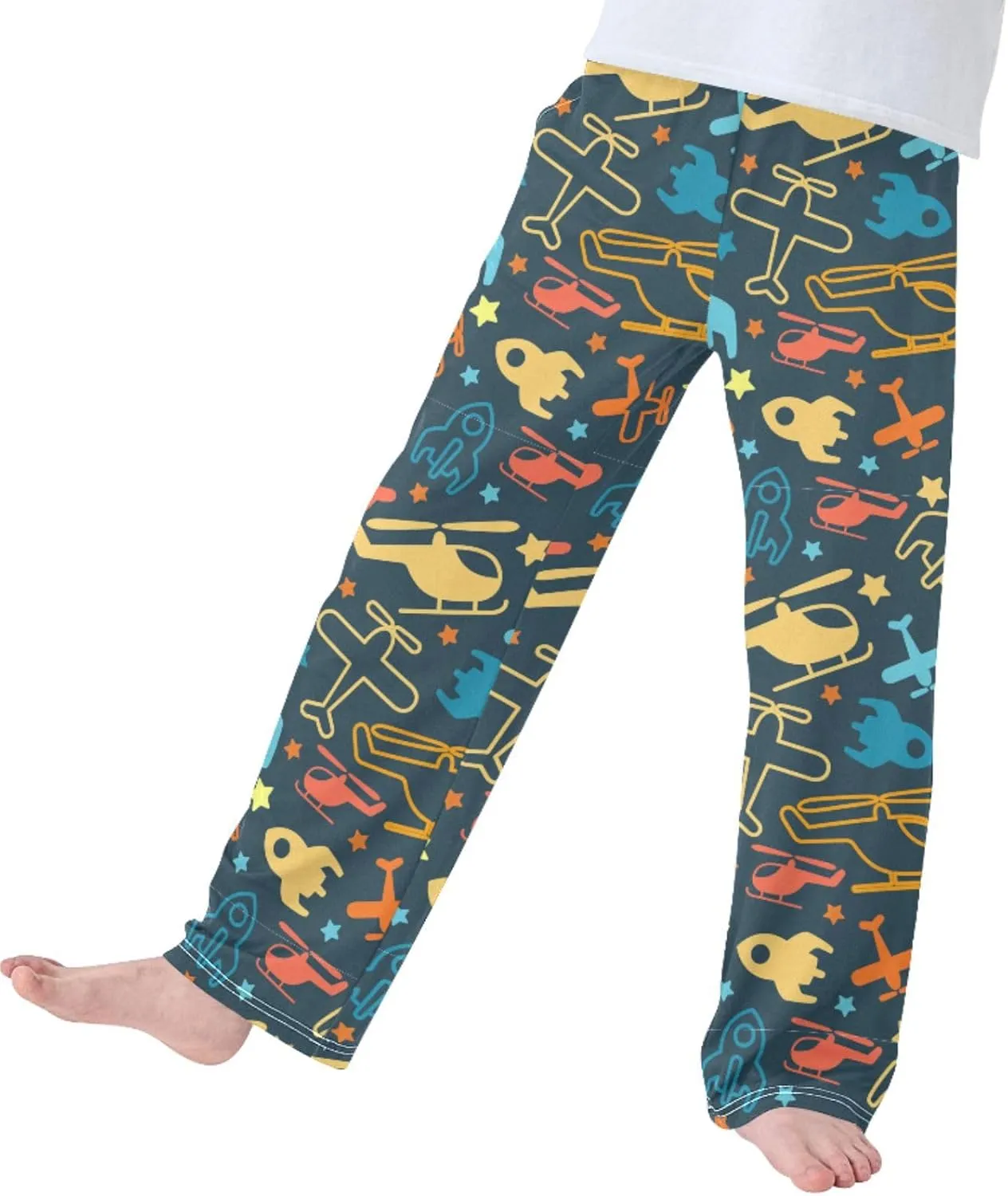 Pigsaly Boys' Pants Bright Colorful Helicopter Long Bottoms Blue Rocket Stars Jogger Pants Elastic Waist Trousers Pockets S