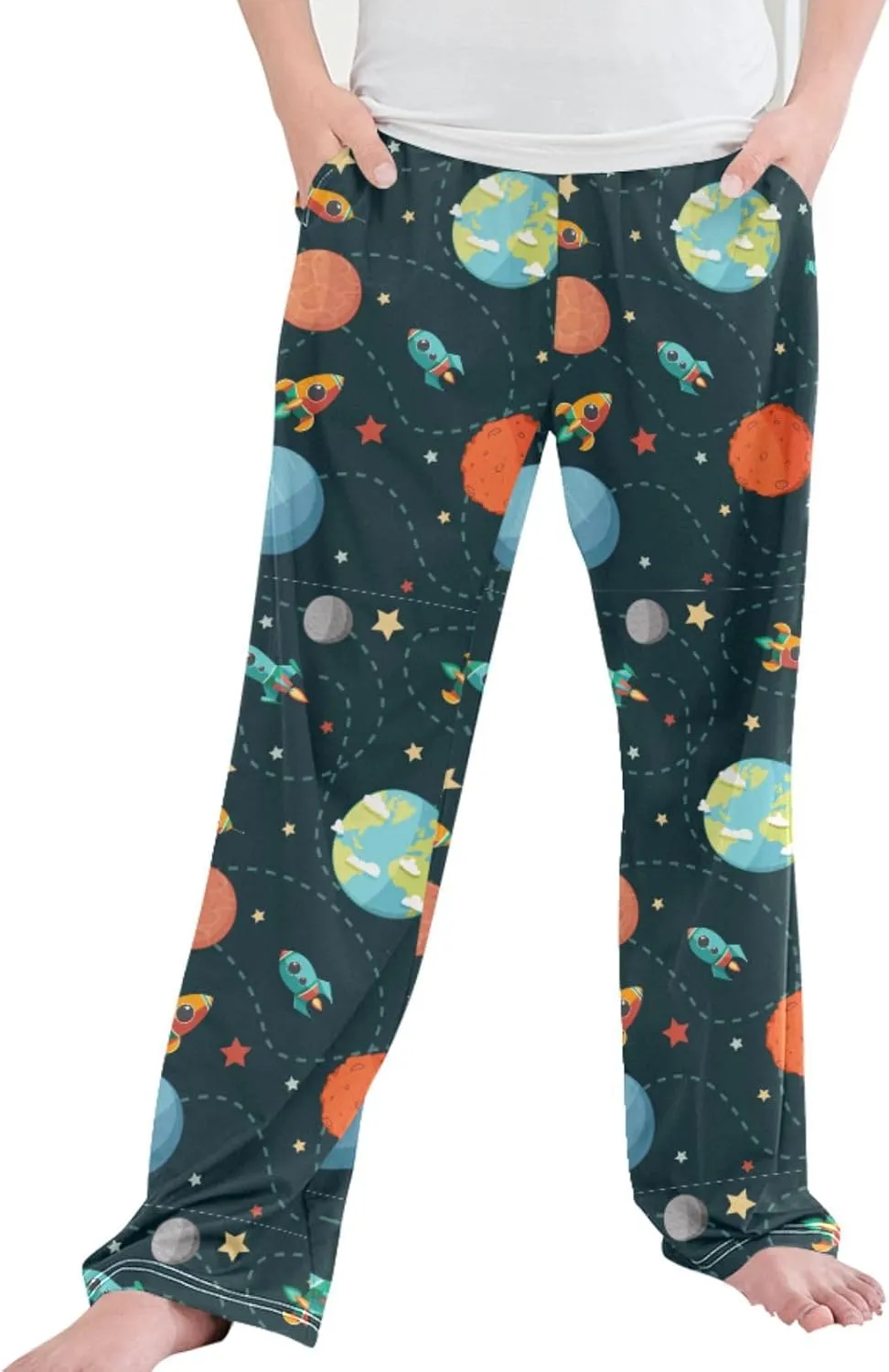 Pigsaly Boys' Pants Cartoon Space Planet Long Bottoms Rocket Star Jogger Pants Elastic Waist Trousers with Pockets S