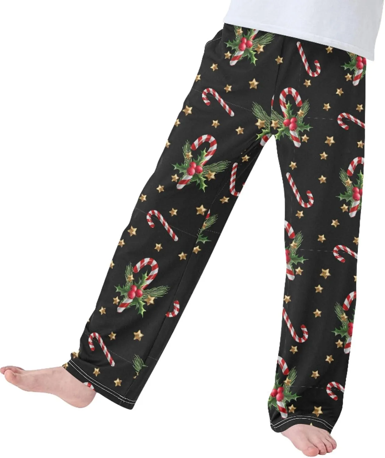 Pigsaly Boys' Pants Christmas Candy Holly Berry Long Bottoms Gold Stars Jogger Pants Elastic Waist Trousers With Pockets S