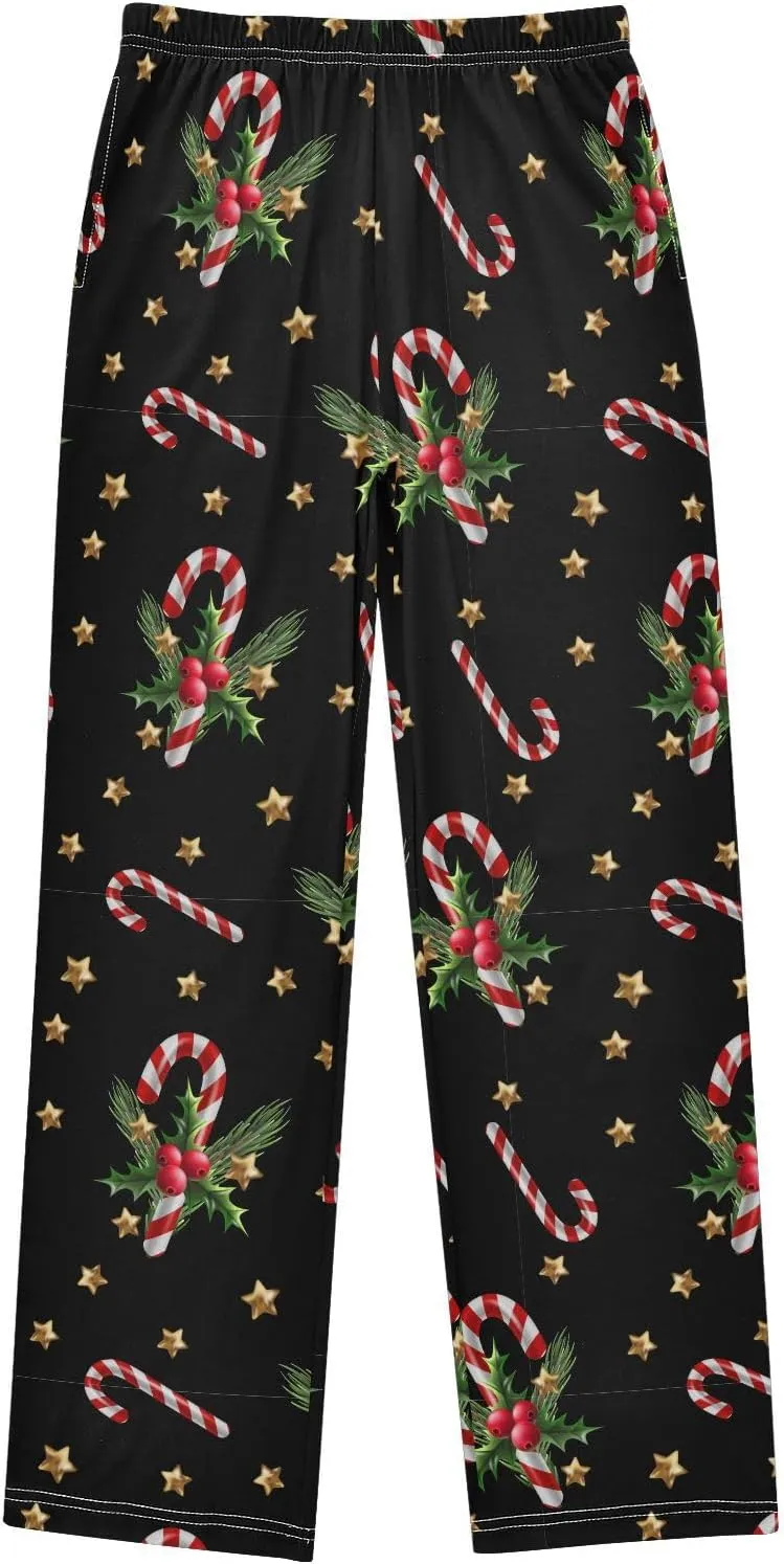 Pigsaly Boys' Pants Christmas Candy Holly Berry Long Bottoms Gold Stars Jogger Pants Elastic Waist Trousers With Pockets S