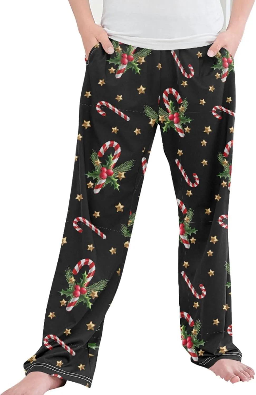 Pigsaly Boys' Pants Christmas Candy Holly Berry Long Bottoms Gold Stars Jogger Pants Elastic Waist Trousers With Pockets S