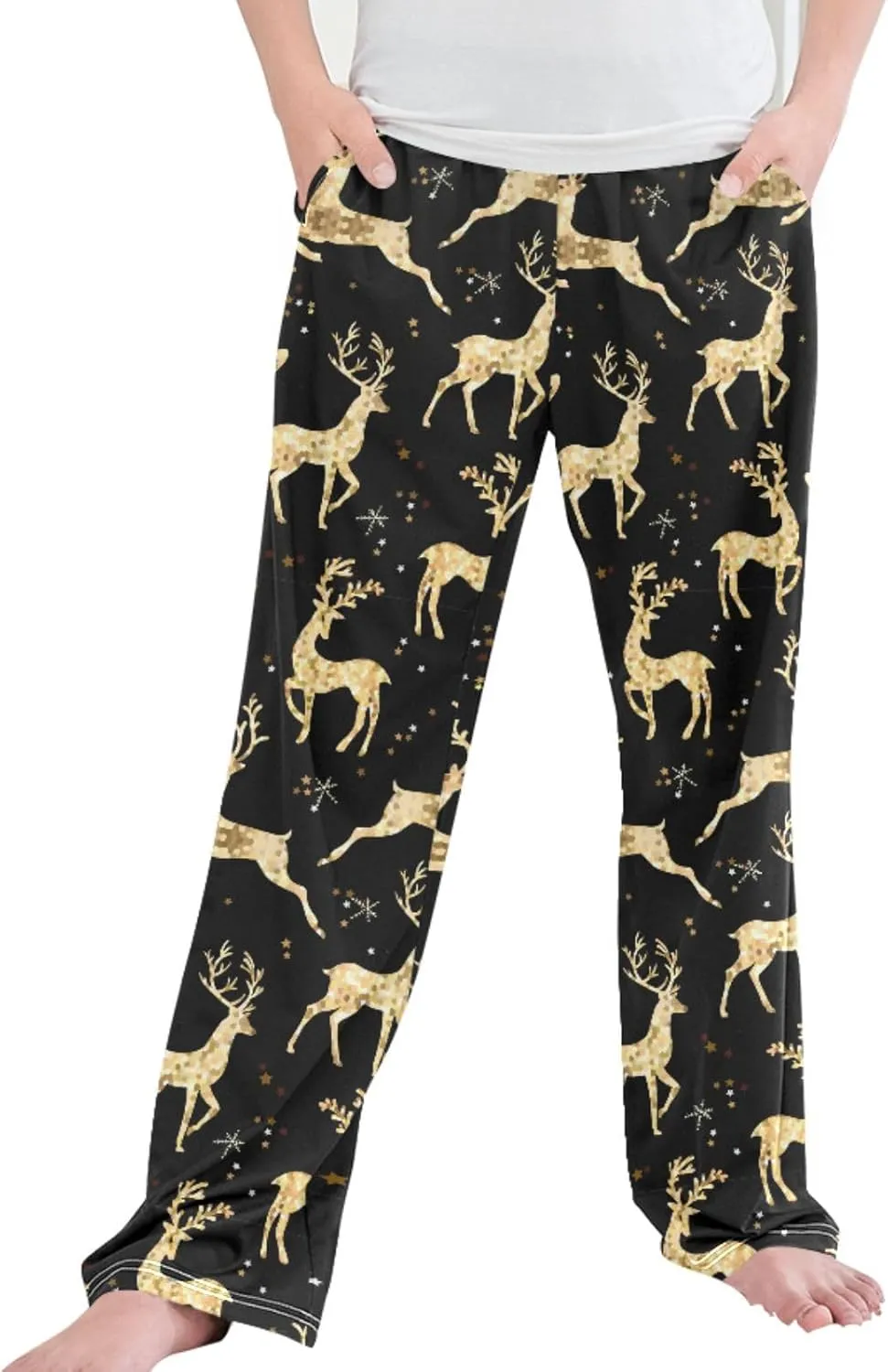 Pigsaly Boys' Pants Christmas Gold Glitter Deer Long Bottoms Snowflakes Star Jogger Pants Elastic Waist Trousers Pockets S