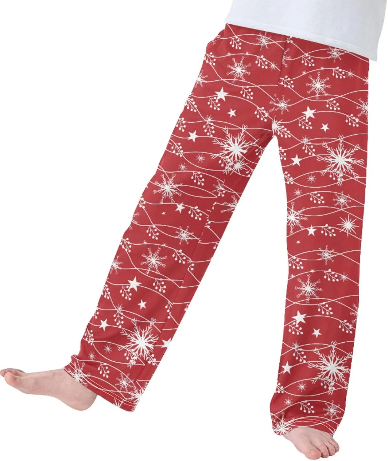 Pigsaly Boys' Pants Christmas White Glitter Snowflakes Long Bottoms Star Jogger Pants Elastic Waist Trousers With Pockets S