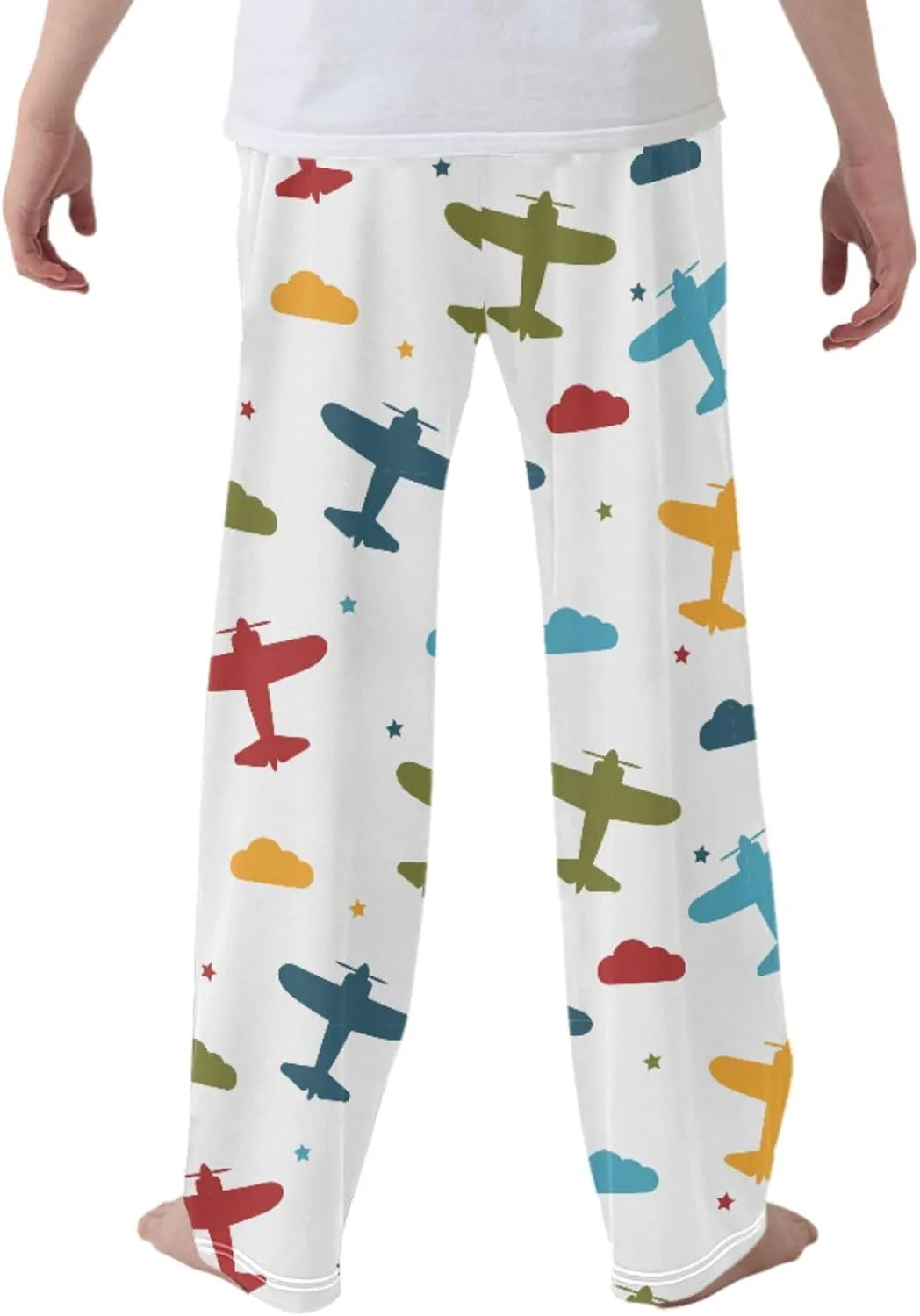 Pigsaly Boys' Pants Colorful Airplanes Stars Long Bottoms Blue Yellow Clouds Jogger Pants Elastic Waist Trousers Pockets S