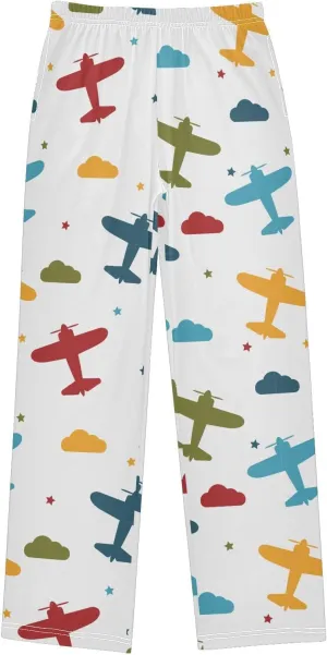 Pigsaly Boys' Pants Colorful Airplanes Stars Long Bottoms Blue Yellow Clouds Jogger Pants Elastic Waist Trousers Pockets S