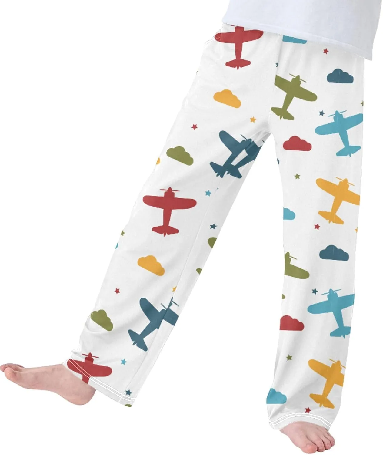Pigsaly Boys' Pants Colorful Airplanes Stars Long Bottoms Blue Yellow Clouds Jogger Pants Elastic Waist Trousers Pockets S