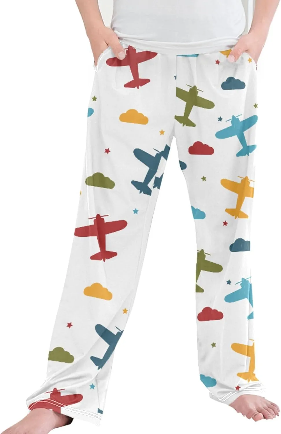 Pigsaly Boys' Pants Colorful Airplanes Stars Long Bottoms Blue Yellow Clouds Jogger Pants Elastic Waist Trousers Pockets S
