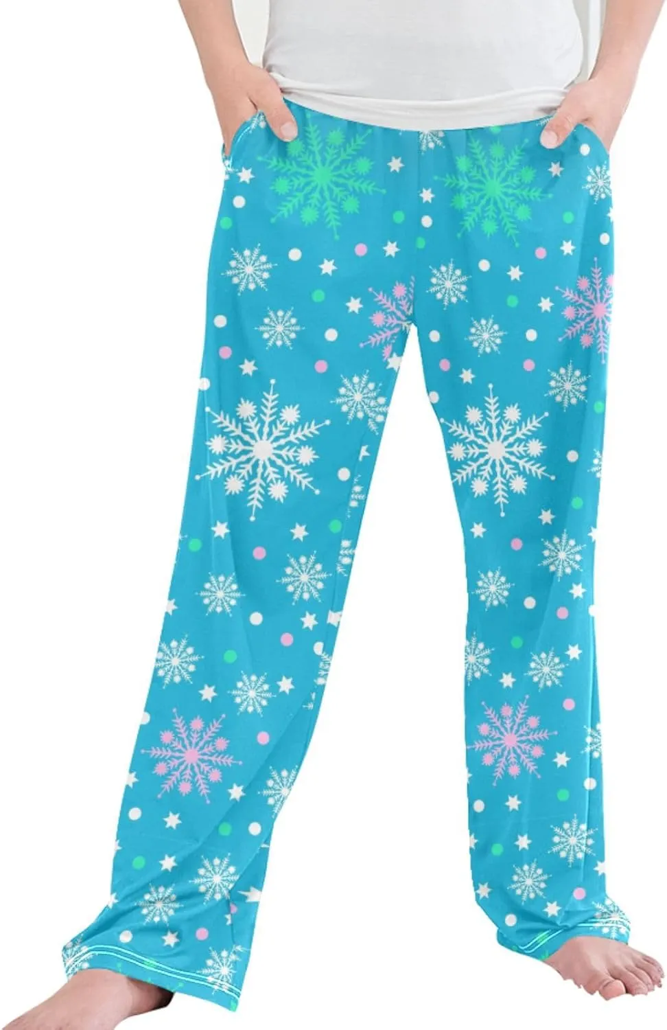 Pigsaly Boys' Pants Colorful Snowflakes Long Bottoms Blue Winter Star Dot Jogger Pants Elastic Waist Trousers With Pockets S