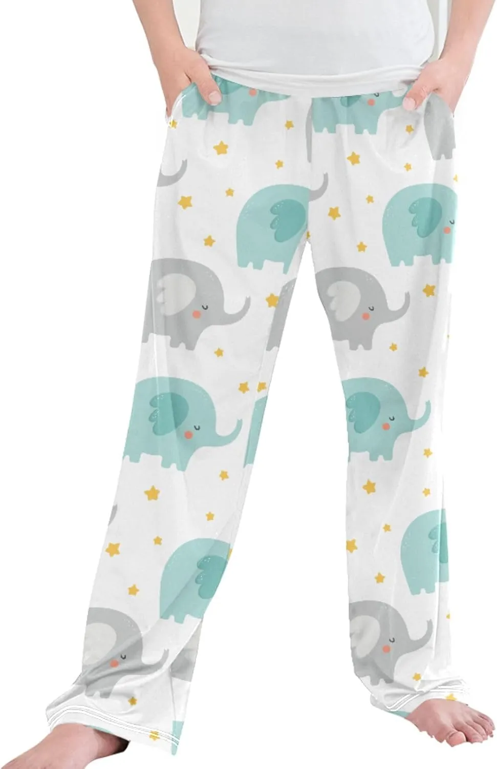 Pigsaly Boys' Pants Cute Cartoon Elephant Long Bottoms Yellow Stars Jogger Pants Elastic Waist Trousers With Pockets S