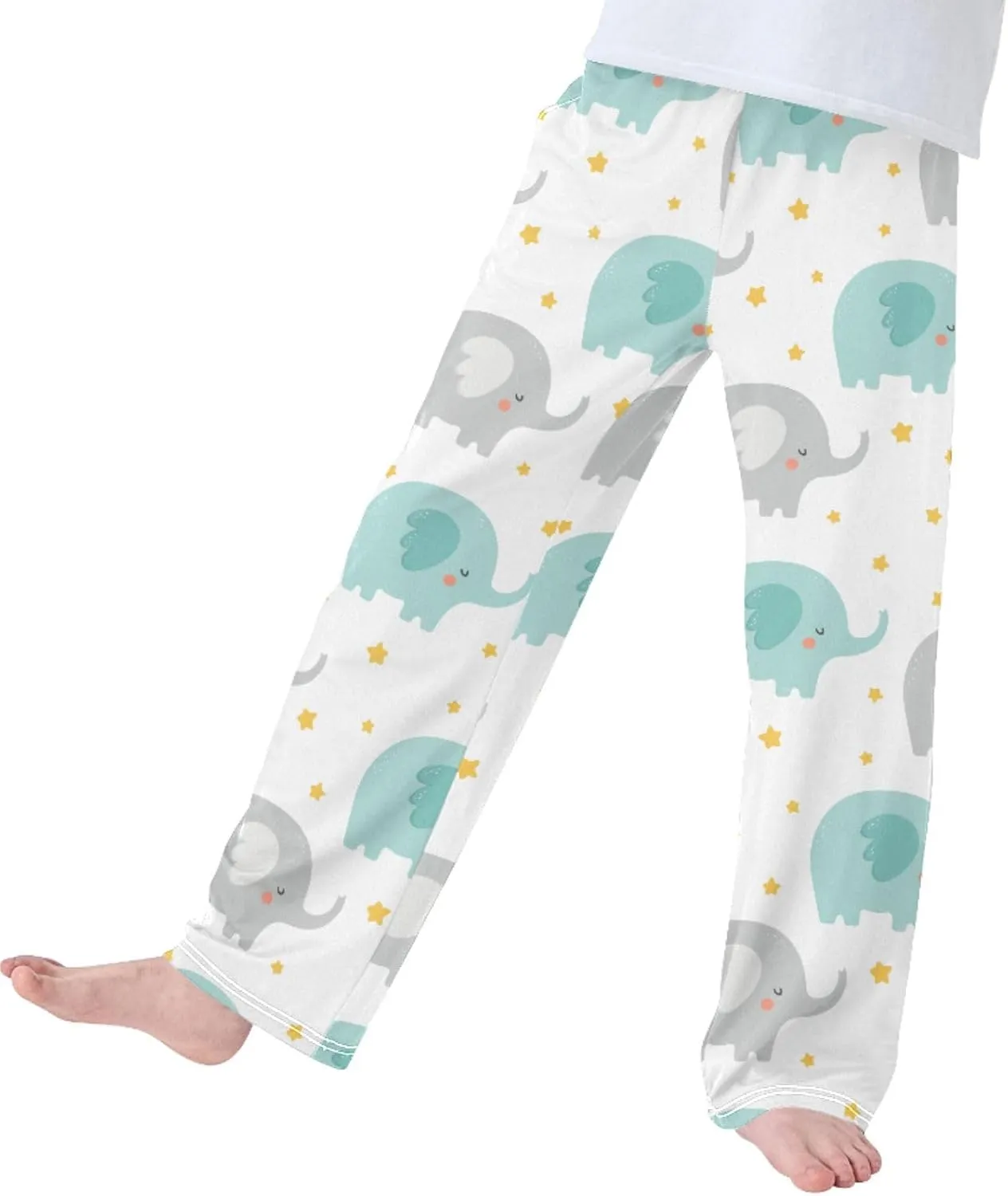 Pigsaly Boys' Pants Cute Cartoon Elephant Long Bottoms Yellow Stars Jogger Pants Elastic Waist Trousers With Pockets S