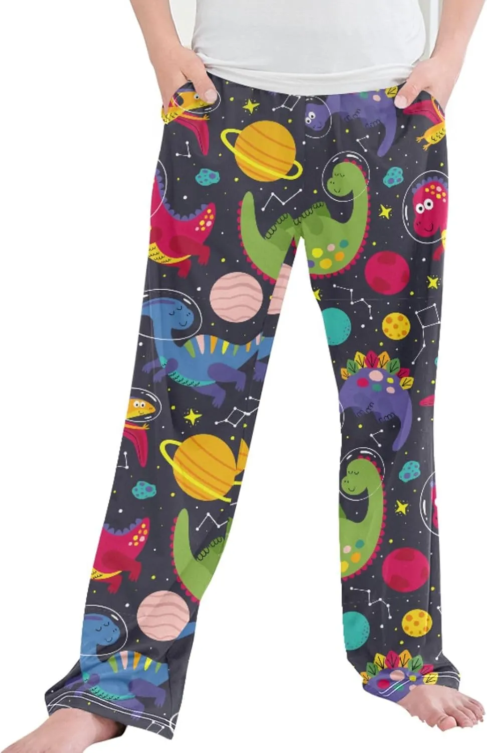 Pigsaly Boys' Pants Cute Dinosaur Space Long Bottoms Planet Stars Jogger Pants Elastic Waist Trousers With Pockets S