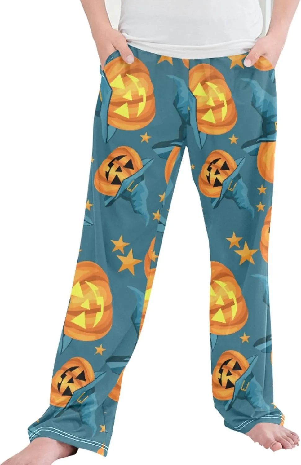 Pigsaly Boys' Pants Cute Halloween Pumpkin Long Bottoms Turquoise Witch Hats Stars Jogger Pants Elastic Waist Trousers S