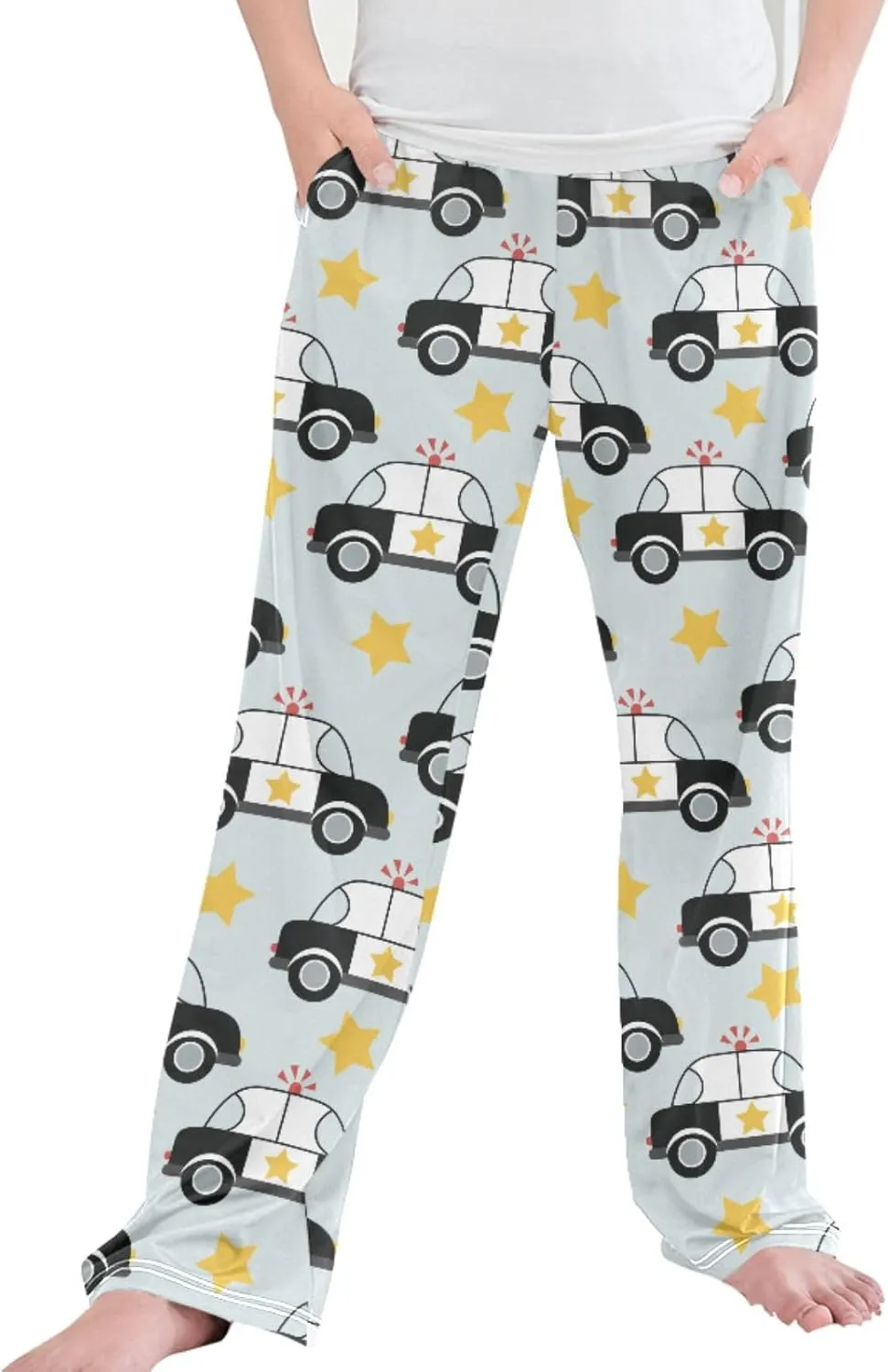Pigsaly Boys' Pants Cute Police Car Long Bottoms Gold Stars Jogger Pants Elastic Waist Trousers With Pockets S