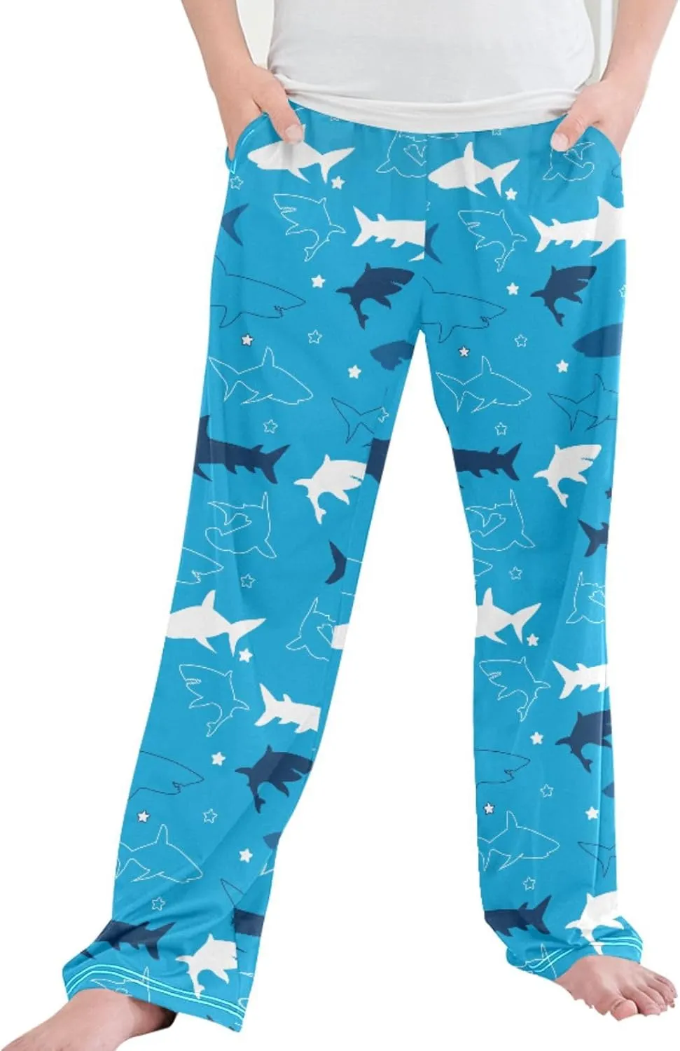 Pigsaly Boys' Pants Dark Blue Sharks Long Bottoms Stars Animals Jogger Pants Elastic Waist Trousers With Pockets S