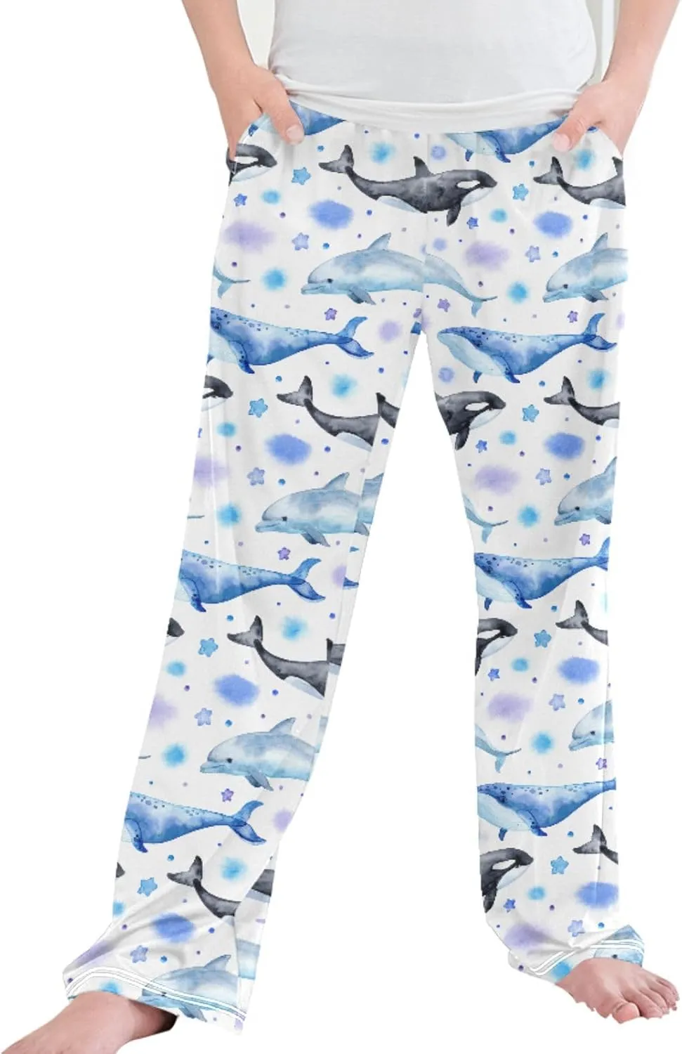 Pigsaly Boys' Pants Dolphin Killer Whale Long Bottoms Blue Whale Stars Jogger Pants Elastic Waist Trousers With Pockets S