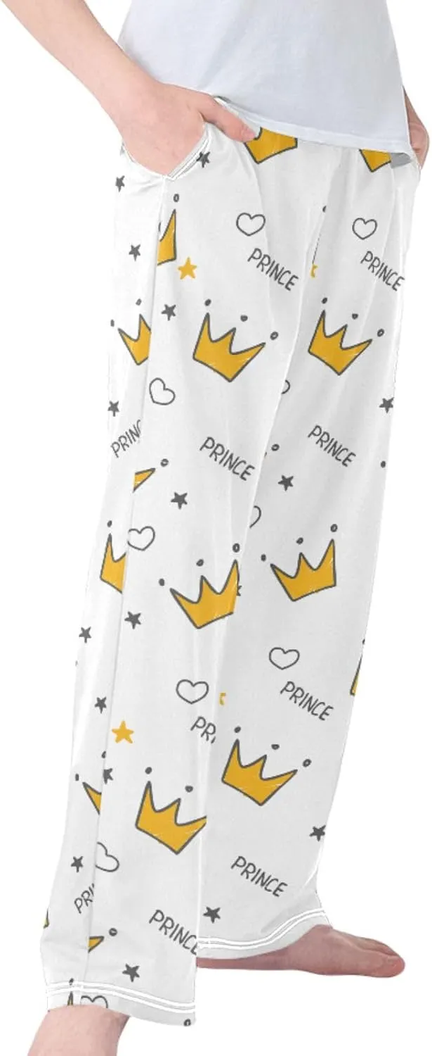 Pigsaly Boys' Pants Doodle Gold Crowns Long Bottoms Prince Gold Stars Jogger Pants Elastic Waist Trousers With Pockets S
