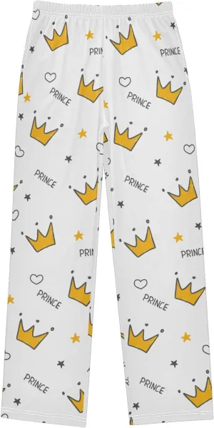 Pigsaly Boys' Pants Doodle Gold Crowns Long Bottoms Prince Gold Stars Jogger Pants Elastic Waist Trousers With Pockets S