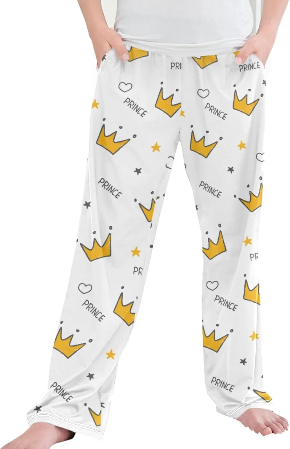 Pigsaly Boys' Pants Doodle Gold Crowns Long Bottoms Prince Gold Stars Jogger Pants Elastic Waist Trousers With Pockets S