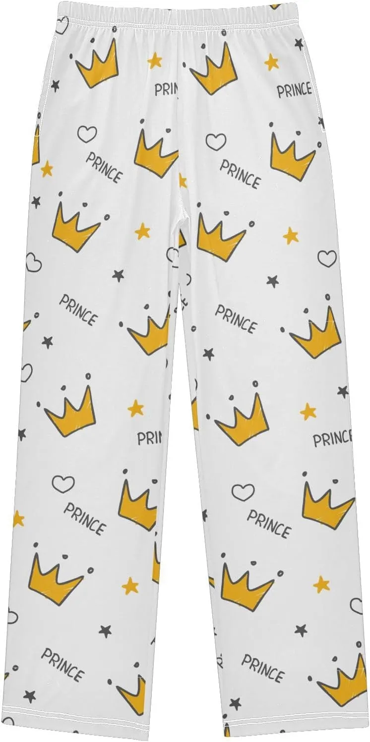 Pigsaly Boys' Pants Doodle Gold Crowns Long Bottoms Prince Gold Stars Jogger Pants Elastic Waist Trousers With Pockets S