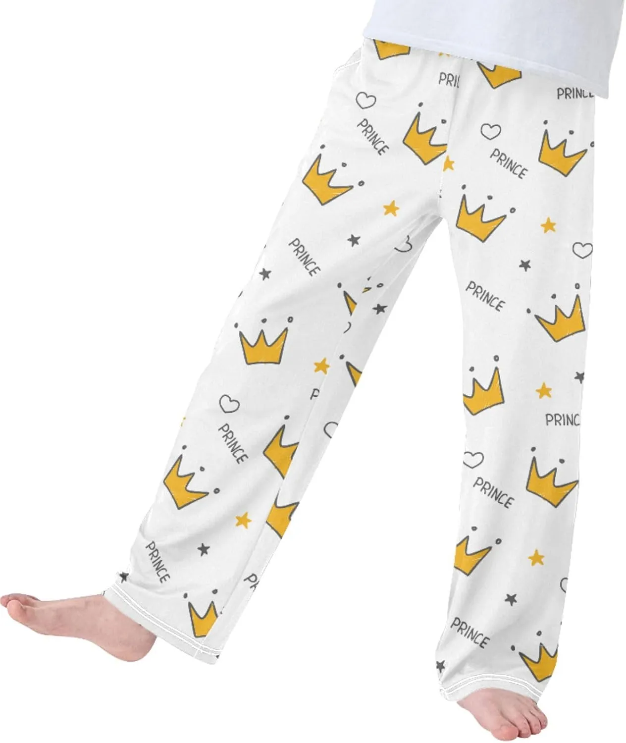 Pigsaly Boys' Pants Doodle Gold Crowns Long Bottoms Prince Gold Stars Jogger Pants Elastic Waist Trousers With Pockets S