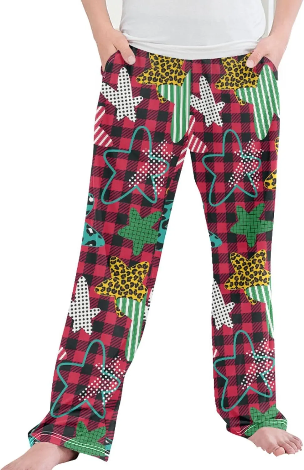 Pigsaly Boys' Pants Five-pointed Stars Buffalo Plaid Long Bottoms Leopard Jogger Pants Elastic Waist Trousers With Pockets S
