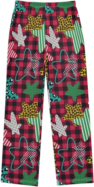Pigsaly Boys' Pants Five-pointed Stars Buffalo Plaid Long Bottoms Leopard Jogger Pants Elastic Waist Trousers With Pockets S
