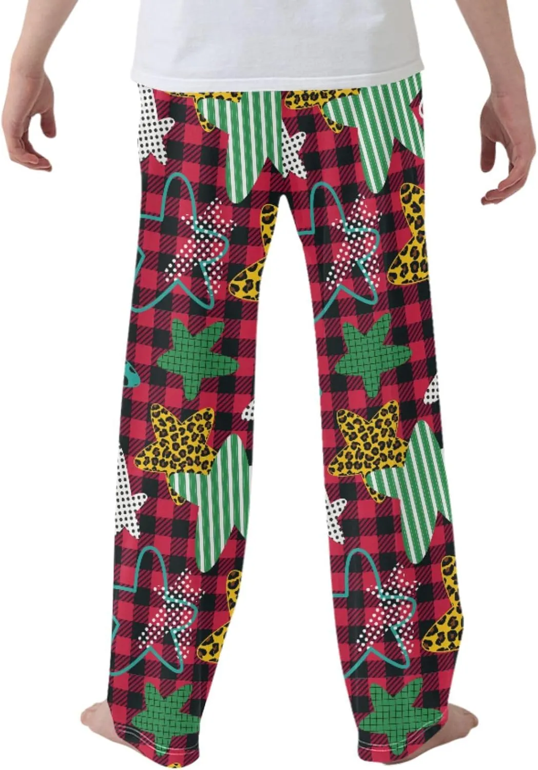 Pigsaly Boys' Pants Five-pointed Stars Buffalo Plaid Long Bottoms Leopard Jogger Pants Elastic Waist Trousers With Pockets S