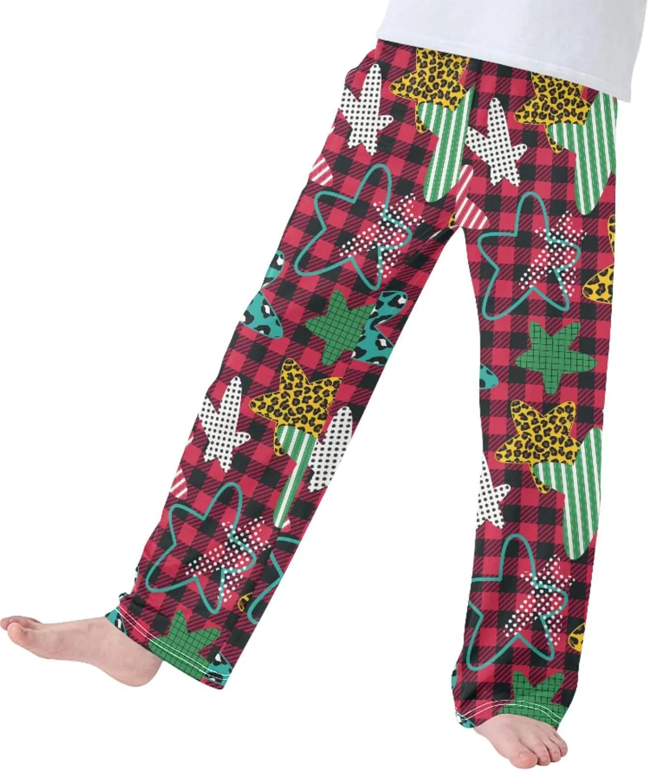 Pigsaly Boys' Pants Five-pointed Stars Buffalo Plaid Long Bottoms Leopard Jogger Pants Elastic Waist Trousers With Pockets S