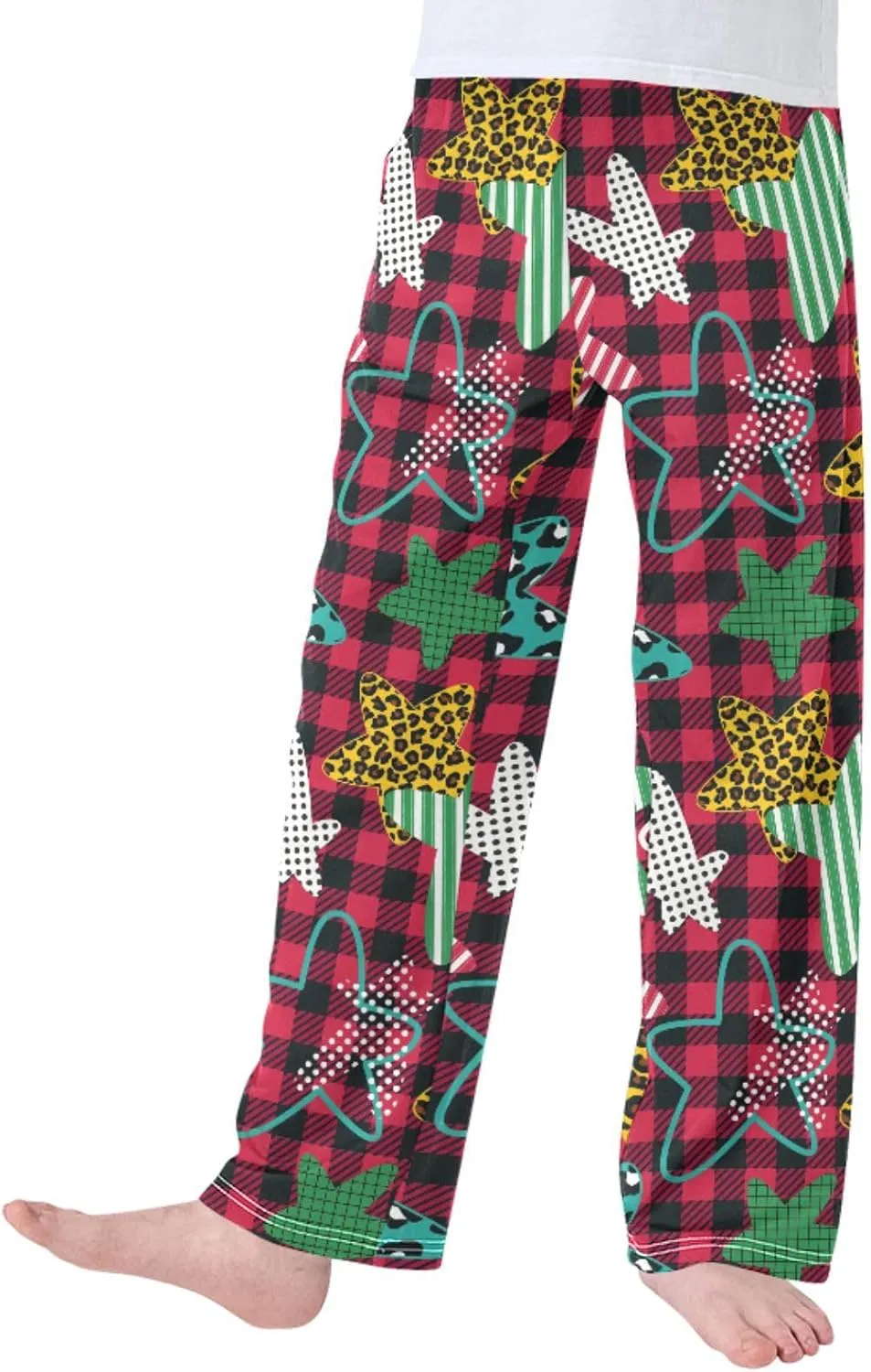 Pigsaly Boys' Pants Five-pointed Stars Buffalo Plaid Long Bottoms Leopard Jogger Pants Elastic Waist Trousers With Pockets S