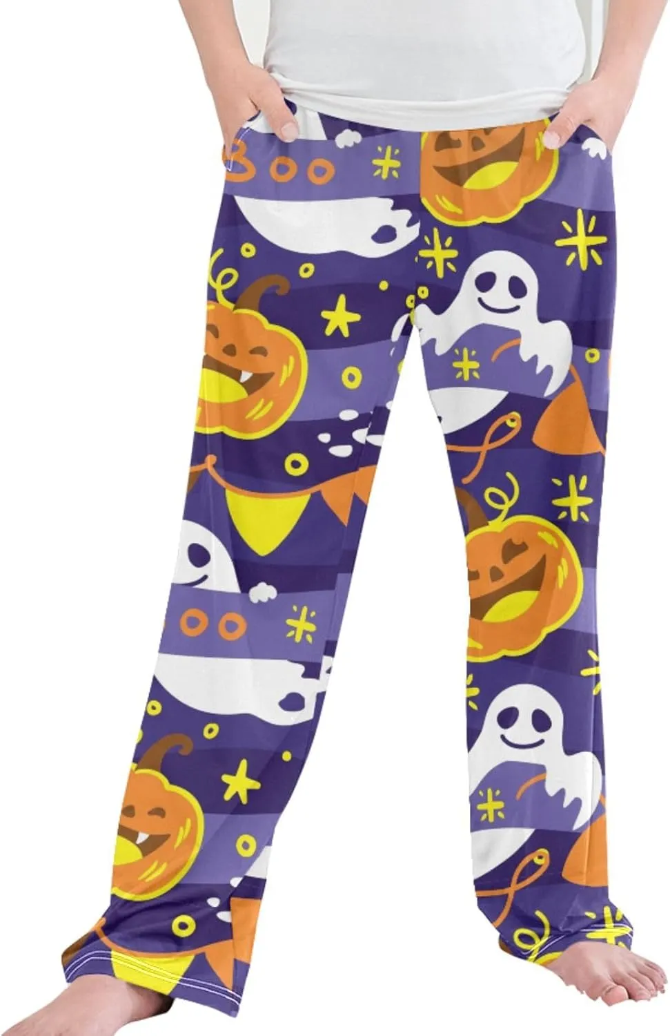 Pigsaly Boys' Pants Funny Halloween Pumpkin Ghost Long Bottoms Gold Stars Jogger Pants Elastic Waist Trousers Pockets S