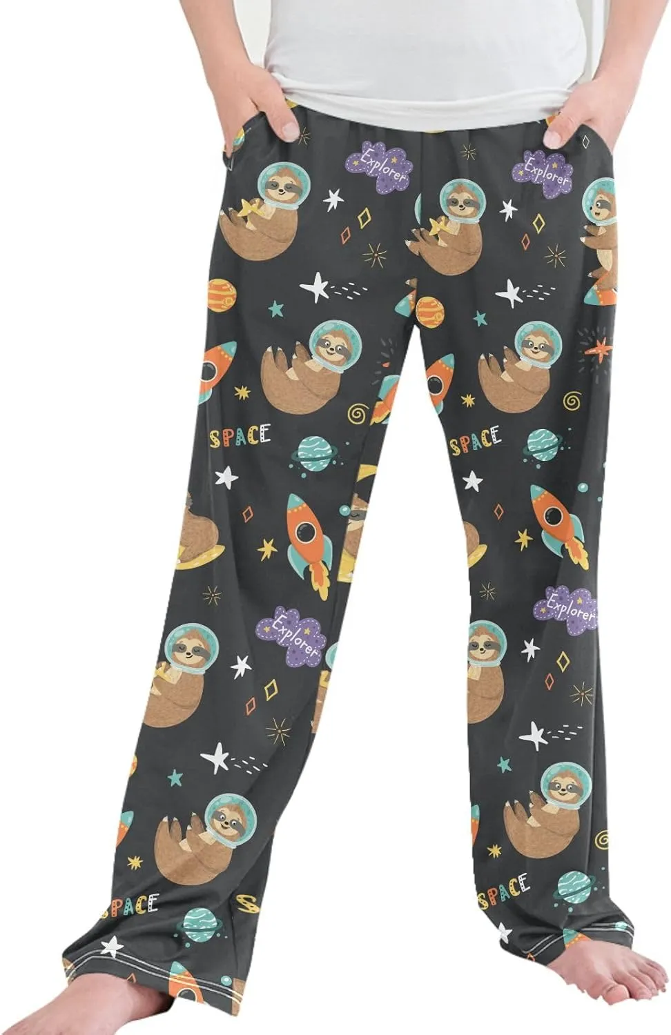 Pigsaly Boys' Pants Funny Space Sloth Astronaut Long Bottoms Stars Planets Rockets Jogger Pants Elastic Waist Trousers S