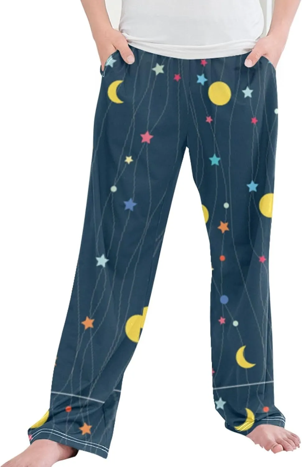 Pigsaly Boys' Pants Gold Moon Stars Long Bottoms Yellow Galaxy Jogger Pants Elastic Waist Trousers With Pockets S