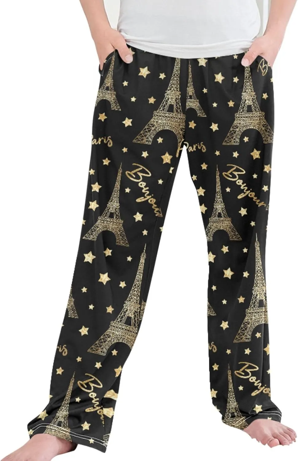 Pigsaly Boys' Pants Gold Paris Eiffel Tower Long Bottoms Romantic Glitter Stars Jogger Pants Elastic Waist Trousers S