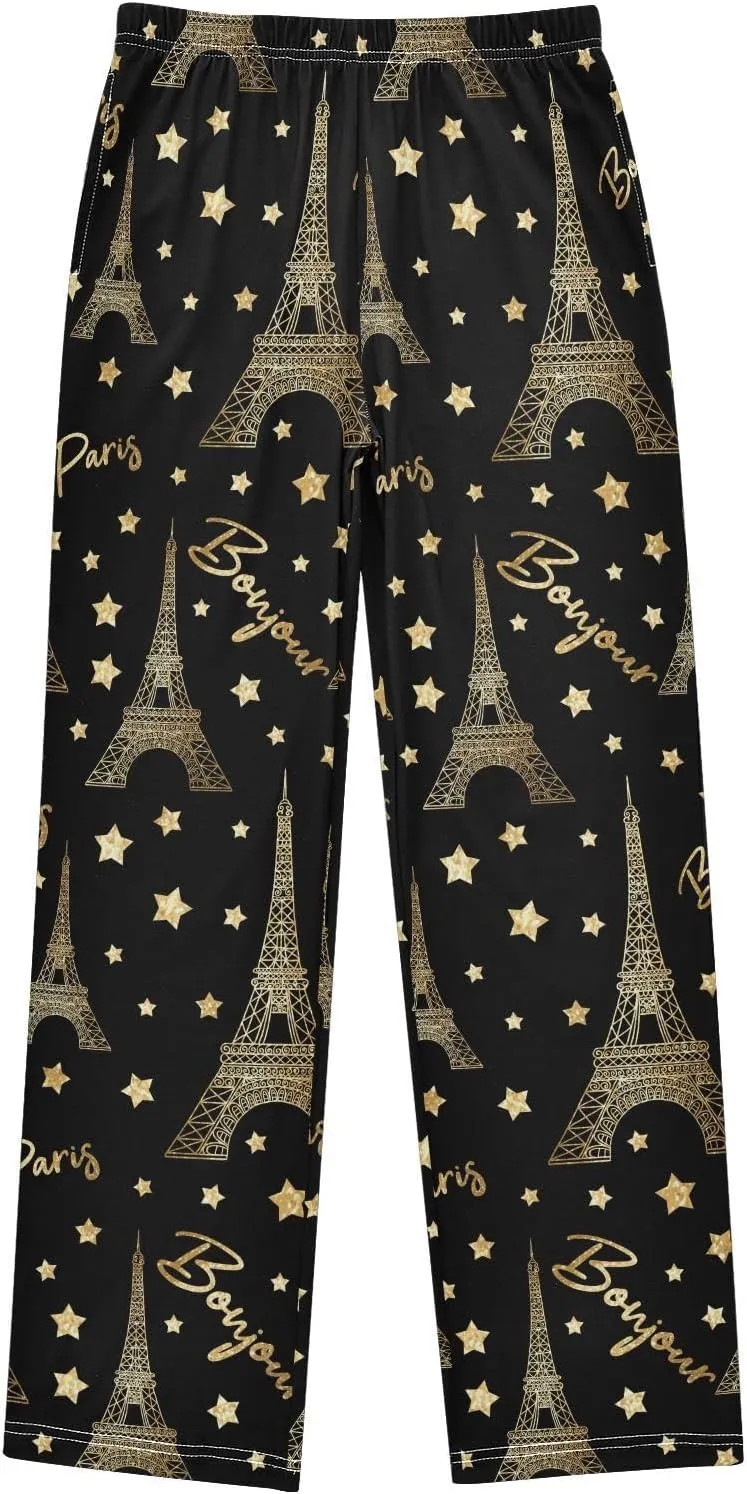 Pigsaly Boys' Pants Gold Paris Eiffel Tower Long Bottoms Romantic Glitter Stars Jogger Pants Elastic Waist Trousers S
