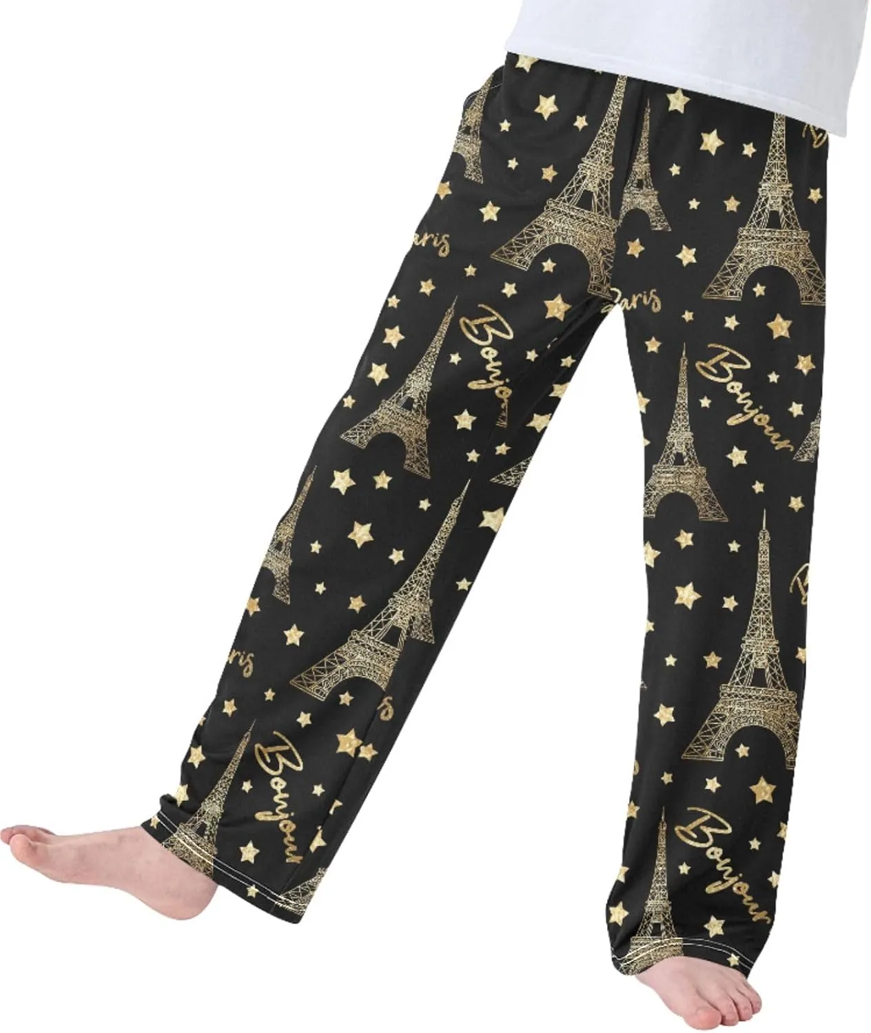 Pigsaly Boys' Pants Gold Paris Eiffel Tower Long Bottoms Romantic Glitter Stars Jogger Pants Elastic Waist Trousers S