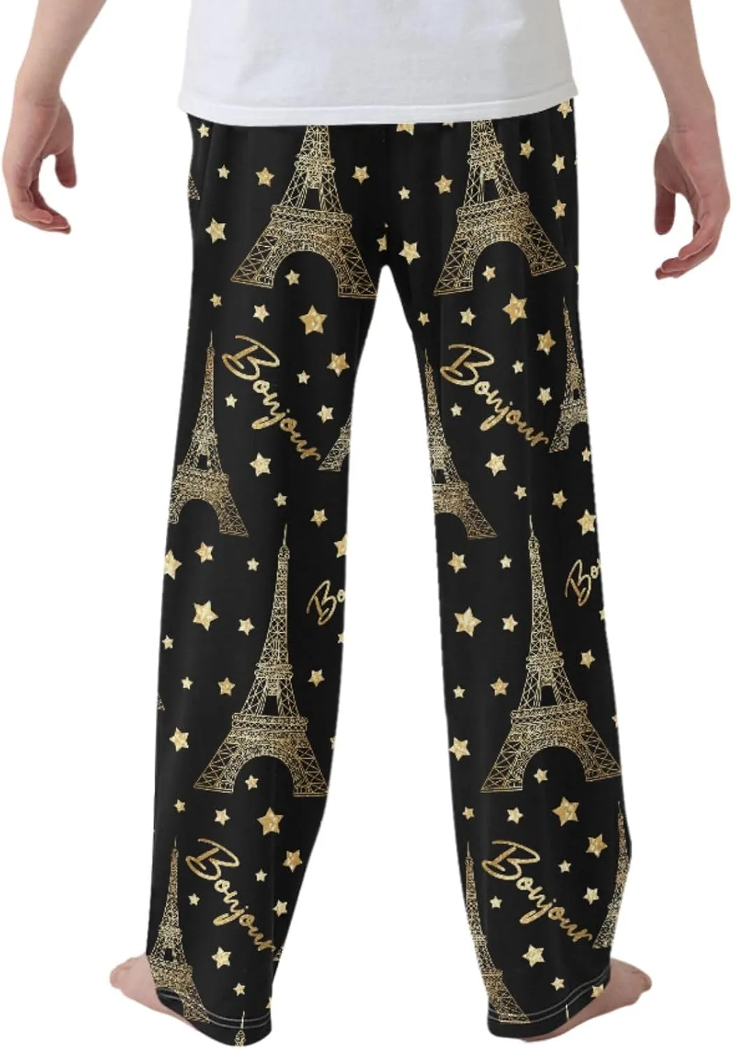 Pigsaly Boys' Pants Gold Paris Eiffel Tower Long Bottoms Romantic Glitter Stars Jogger Pants Elastic Waist Trousers S