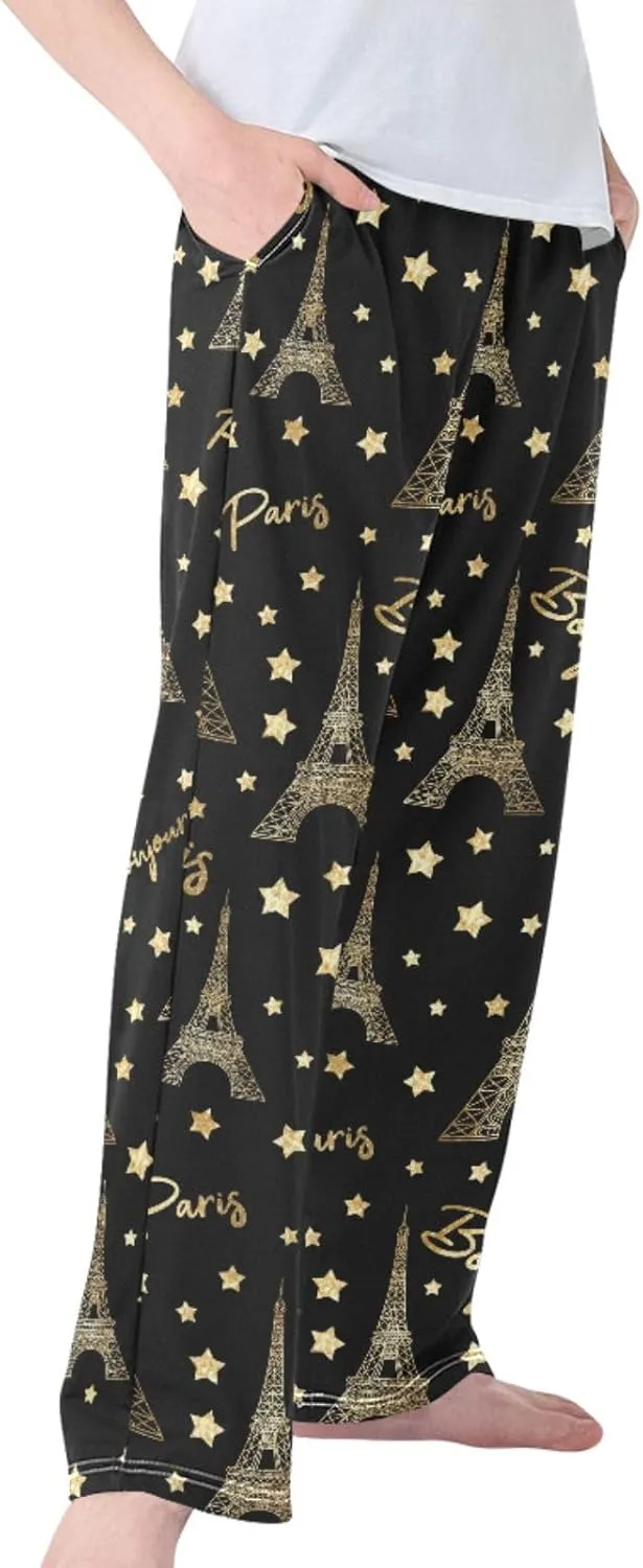 Pigsaly Boys' Pants Gold Paris Eiffel Tower Long Bottoms Romantic Glitter Stars Jogger Pants Elastic Waist Trousers S