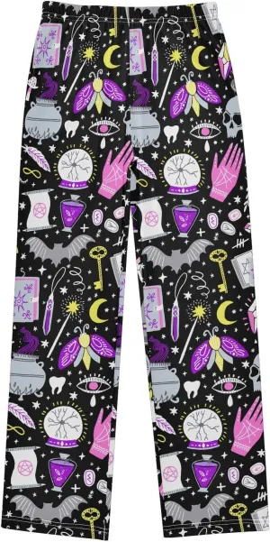 Pigsaly Boys' Pants Magic Witch Bats Moon Long Bottoms Gold Stars Skull Jogger Pants Elastic Waist Trousers With Pockets S