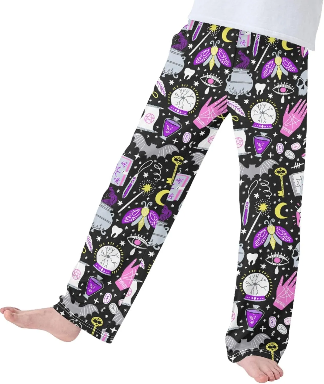 Pigsaly Boys' Pants Magic Witch Bats Moon Long Bottoms Gold Stars Skull Jogger Pants Elastic Waist Trousers With Pockets S