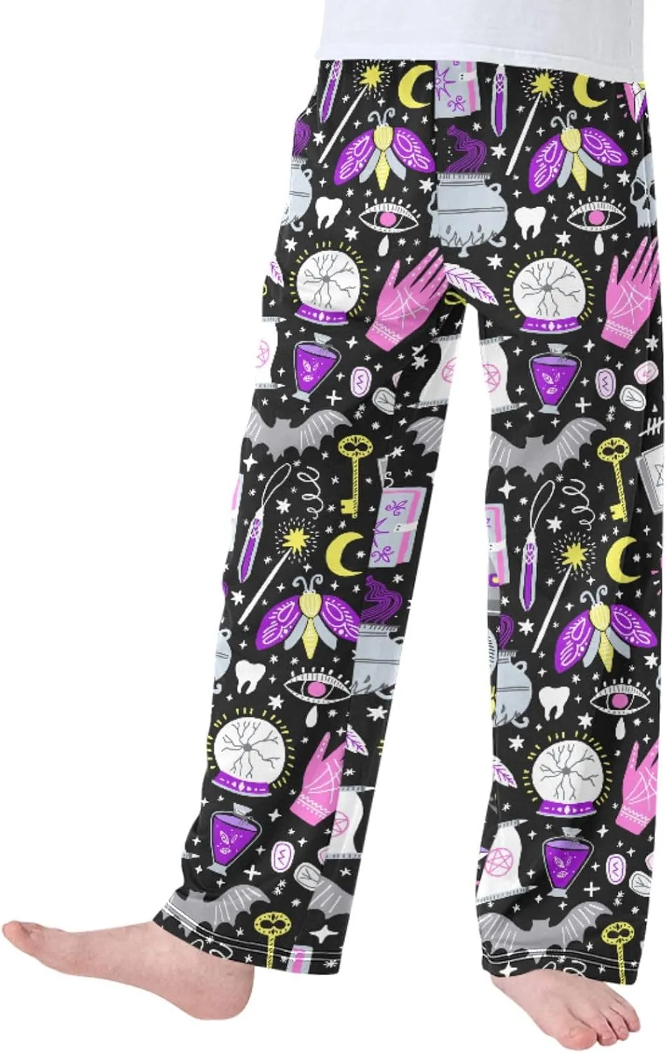 Pigsaly Boys' Pants Magic Witch Bats Moon Long Bottoms Gold Stars Skull Jogger Pants Elastic Waist Trousers With Pockets S