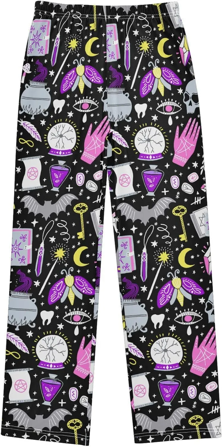 Pigsaly Boys' Pants Magic Witch Bats Moon Long Bottoms Gold Stars Skull Jogger Pants Elastic Waist Trousers With Pockets S